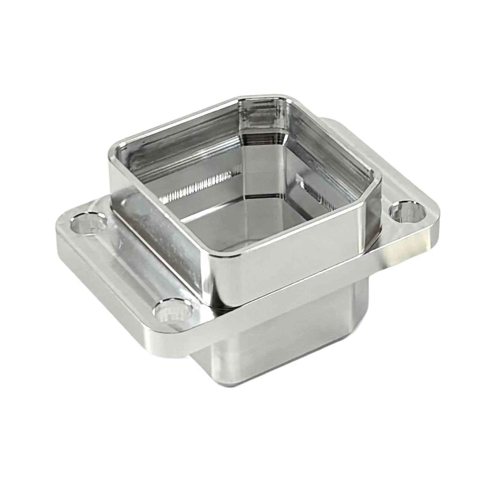A mirror-finish milled aluminum flanged enclosure with a deep central pocket and counterbored mounting holes