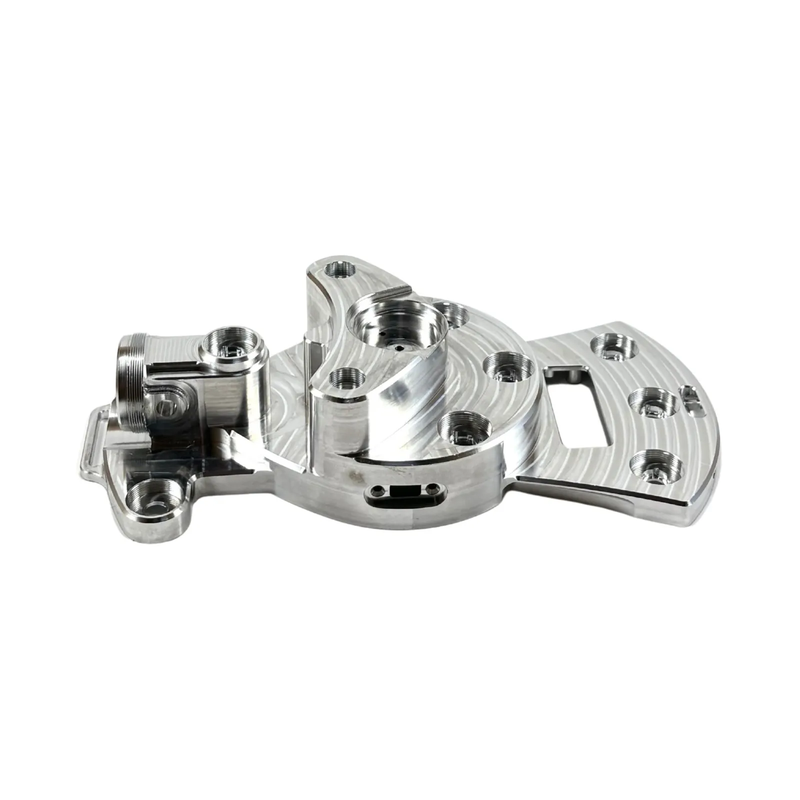 A machined aluminum structural bracket with a bored hub, threaded bosses, and a contoured swirl-toolpath face