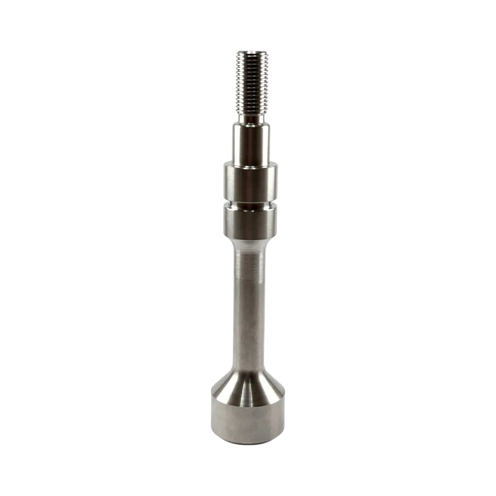 A Swiss-turned stainless steel stepped shaft with a rolled thread and a flanged base