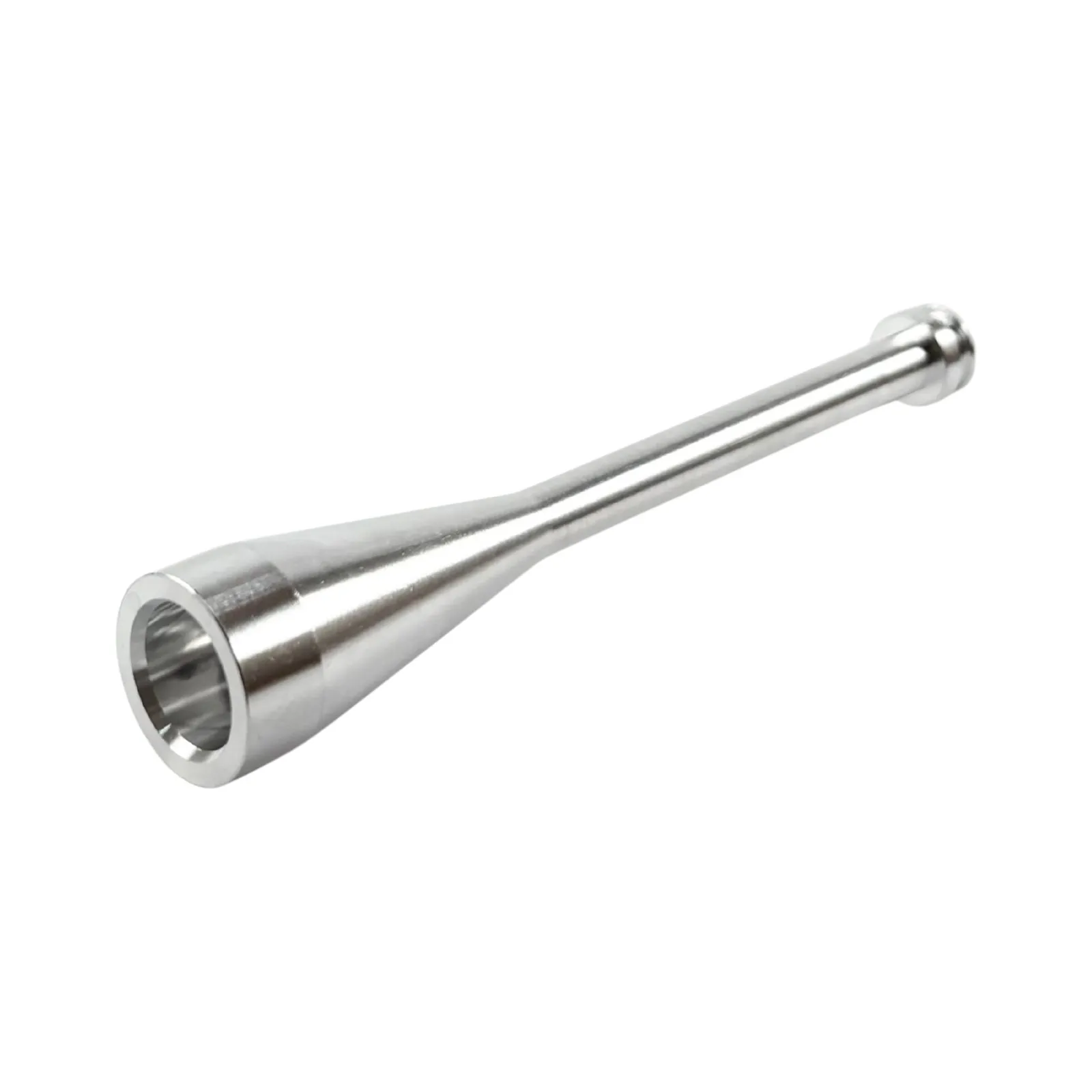 A bright Swiss-turned stainless steel tapered shaft with a bored conical socket and rounded end