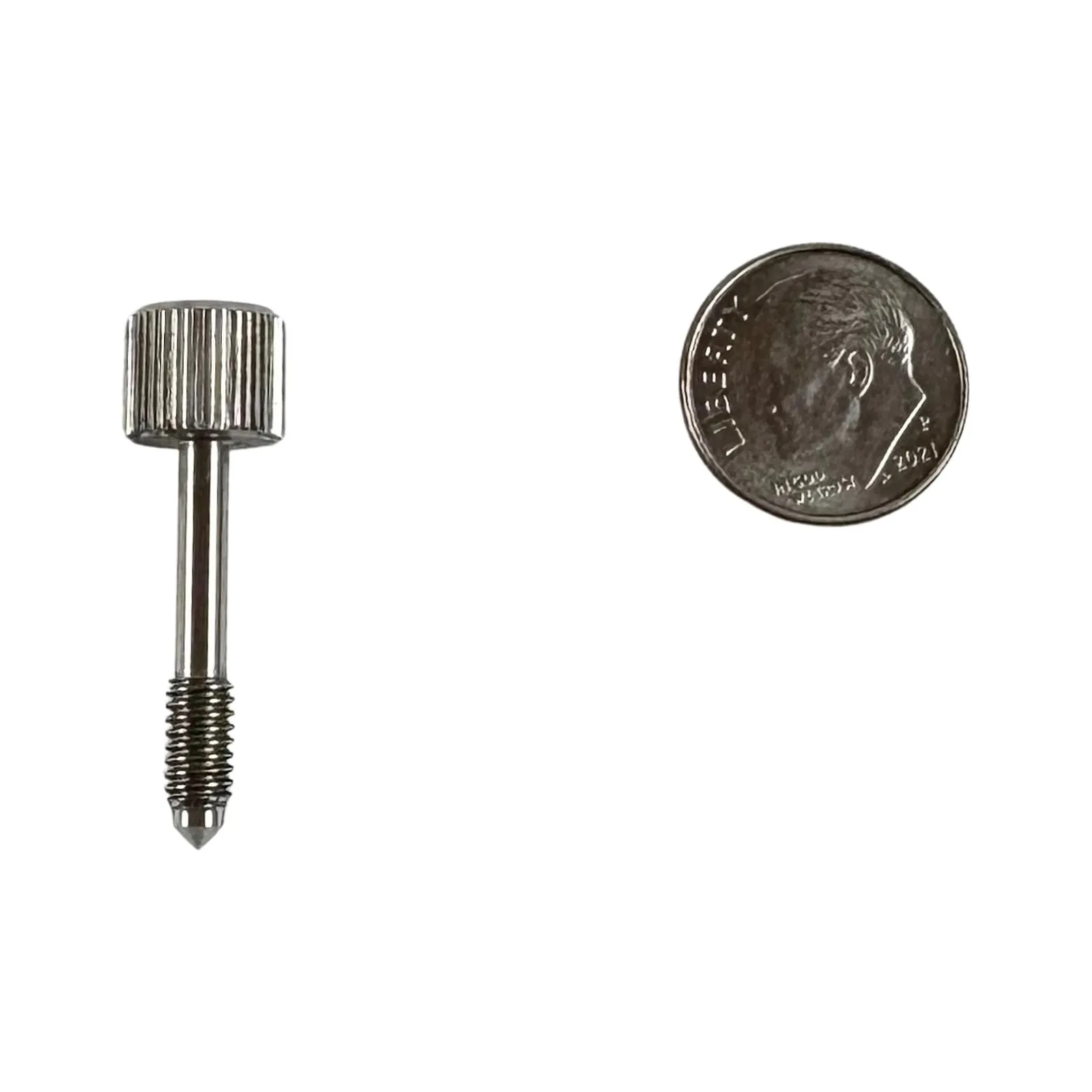 A Swiss-turned stainless steel captive thumbscrew with a knurled head and a pointed thread